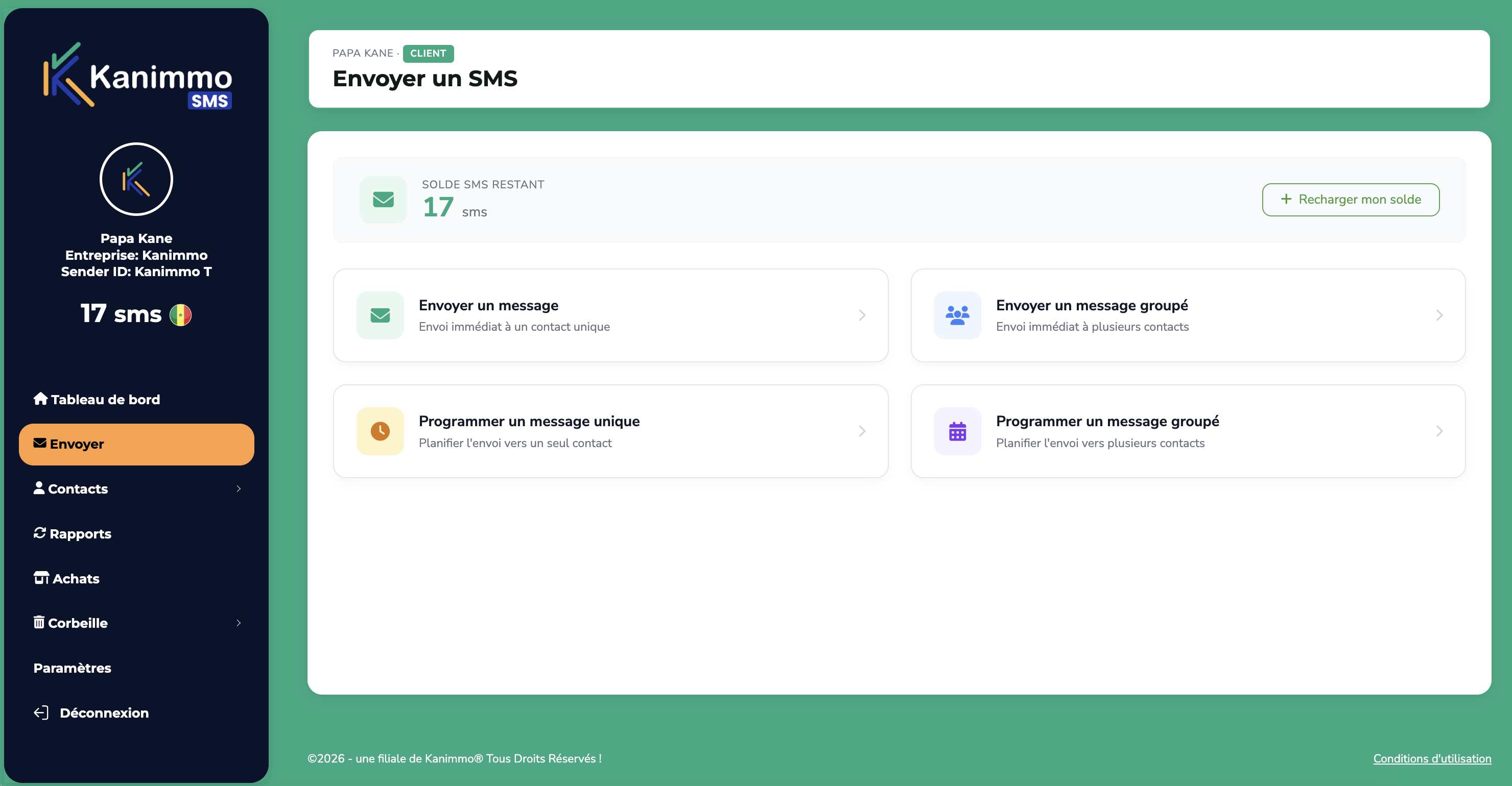 Tableau de bord Kanimmo SMS